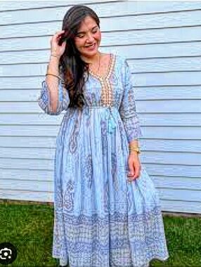 Refined Threads Periwinkle Blue Metallic Threads Flowy Cotton Cottage Maxi Dress